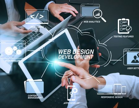 Developing programming and coding technologies with Website design in virtual diagram.co working team meeting concept,businessman using smart phone and digital tablet and laptop computer and name tag in modern office